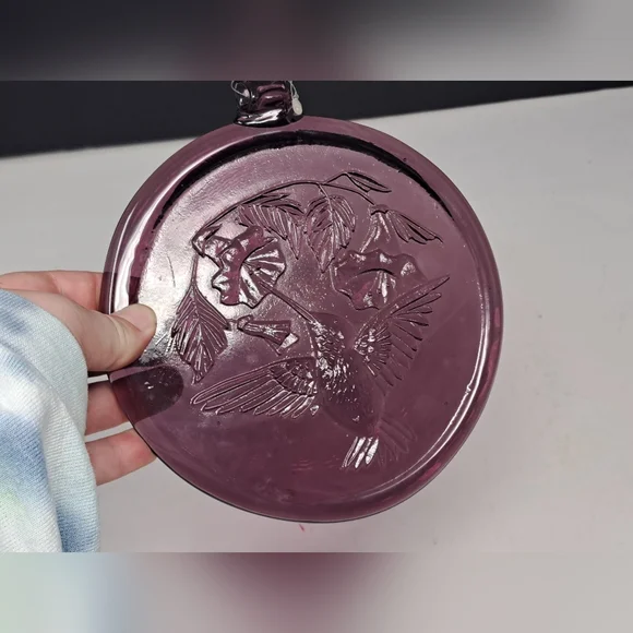 Purple Large Round Art Glass Sun Catcher With Humming Bird And Flowers - Picture 1 of 3